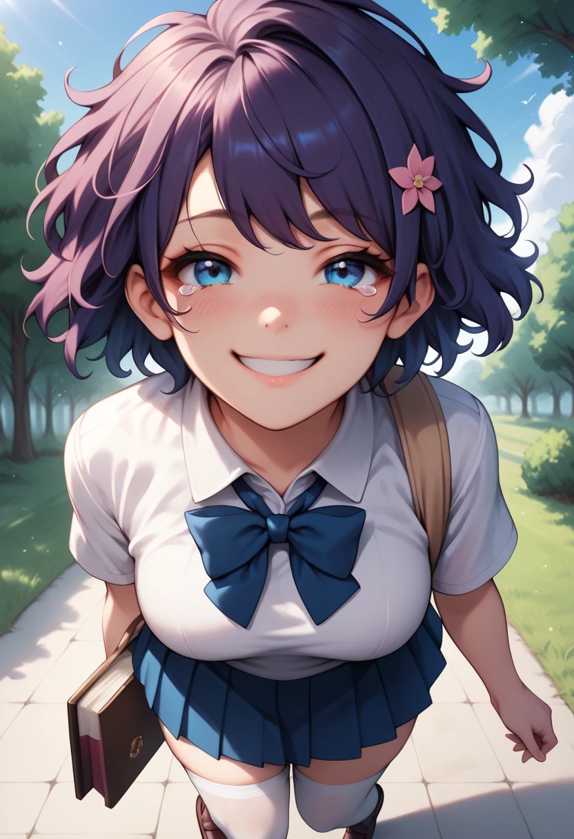 smug smile, :3, core_9_up, score_8_up, score_7_up,score_6_up, score_5_up, score_4_up, ,1girl, solo, white shirt, short sleeve, face focused, wool sweater, short hair, messy hair, walking towards viewer, holding book bag, brown shoes, outdoor, sakura trees, wind blowing hair, windy, gentle smile, looking up at the viewer, gentle smile expression, skirt, thick thighs, thigh highs, nylon white stocking, blushing, school uniform, pin, sparkling sparkle hair accessories, brown shoes, shy posture, tears, purple hair, crystal blue eyes, aqua blue eyes