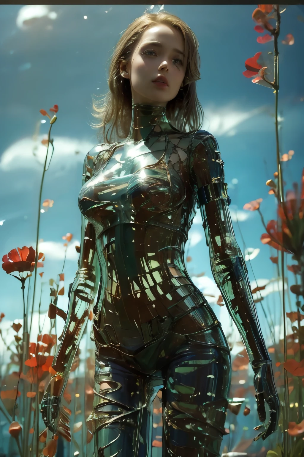 1 girl, looking at the audience, realistic, long hair, long hair blown by wind,Post-apocalyptic world, short hair, brown long hair, science fiction, realism, clouds, blue sky, chest, lips, transparent, transparent, transparent,(((masterpiece, best quality, high resolution)))), Extremely detailed 8K, (Ultra HD, Ultra-detailed, Highly detailed, Highly realistic, Ultra-realistic, photograph realistic), 
 ,((torn clothes:1.4,)),(night sea background:1.8),