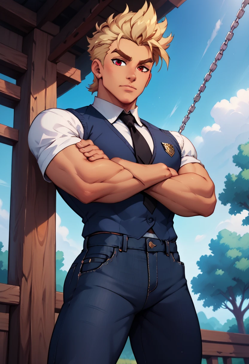 irittated expression, tan skin, spikey blond hair, red eyes, mean expression, lean muscle, core_9_up, score_8_up, score_7_up,score_6_up, score_5_up, score_4_up, ,1male, sakura trees, outdoor, windy, school uniform, tie, black jeans, chains, thick eyebrows, perfect face, irritated expression, punk style, tall, boots, looking down at viewer, darkened face, arms crossed, looking down at viewer, mouth closed, raised eyebrows