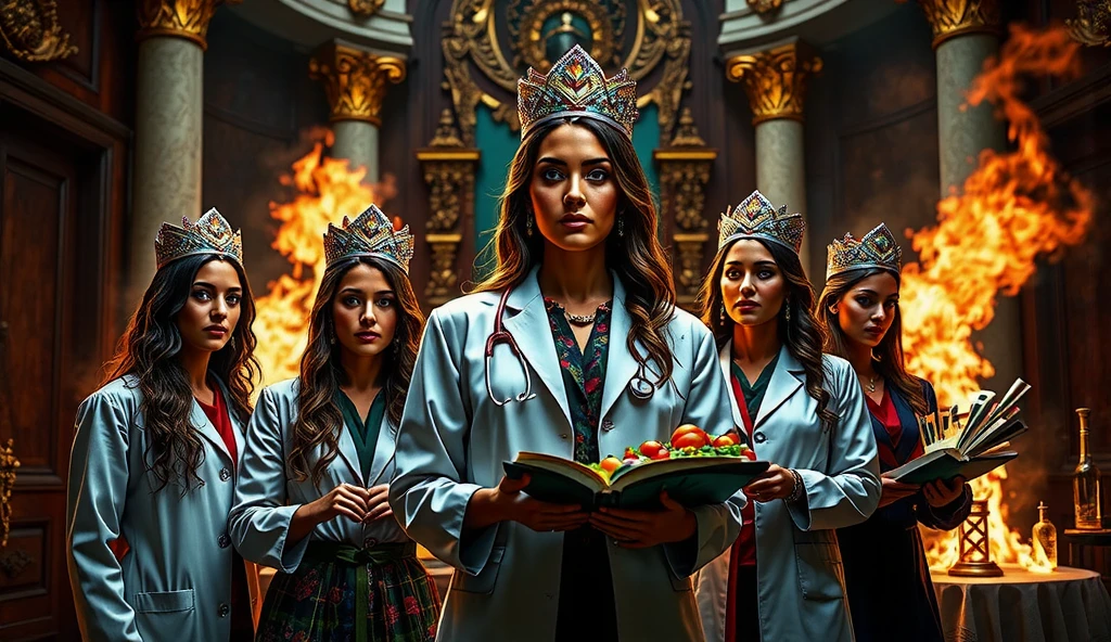 A modern and artistic composition featuring seven diverse women of Central American heritage, aged between 30 and 60, each wearing an elegant crown. The women are standing together in a cohesive group in front of the grand entrance of a majestic palace, with ornate architectural details visible behind them. Each woman is portrayed in her professional environment: a doctor in a white coat with a stethoscope, a firefighter in full gear holding a helmet with subtle flames in the background, a scientist in a lab coat working with beakers and microscopes, a teacher in a colorful classroom holding a book, an engineer wearing a hard hat at a construction site, a chef in a professional kitchen holding a plate of food, and an artist in a studio with a palette and brushes. The lighting is warm and cinematic, with vibrant details and a dark fantasy aesthetic, emphasizing the unique identity and empowerment of each woman. The crowns are elegant and symbolic, highlighting their importance and value.