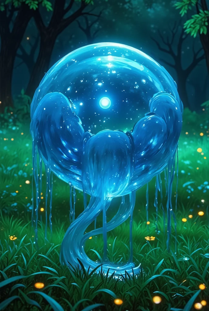 A creature made out of slime, like a gelatinous sphere of blue liquid. Enclosed within it is a small spherical crystal core. It is in a forest on the grass. gravity squishes it down a little bit. It slides across the grass to move.