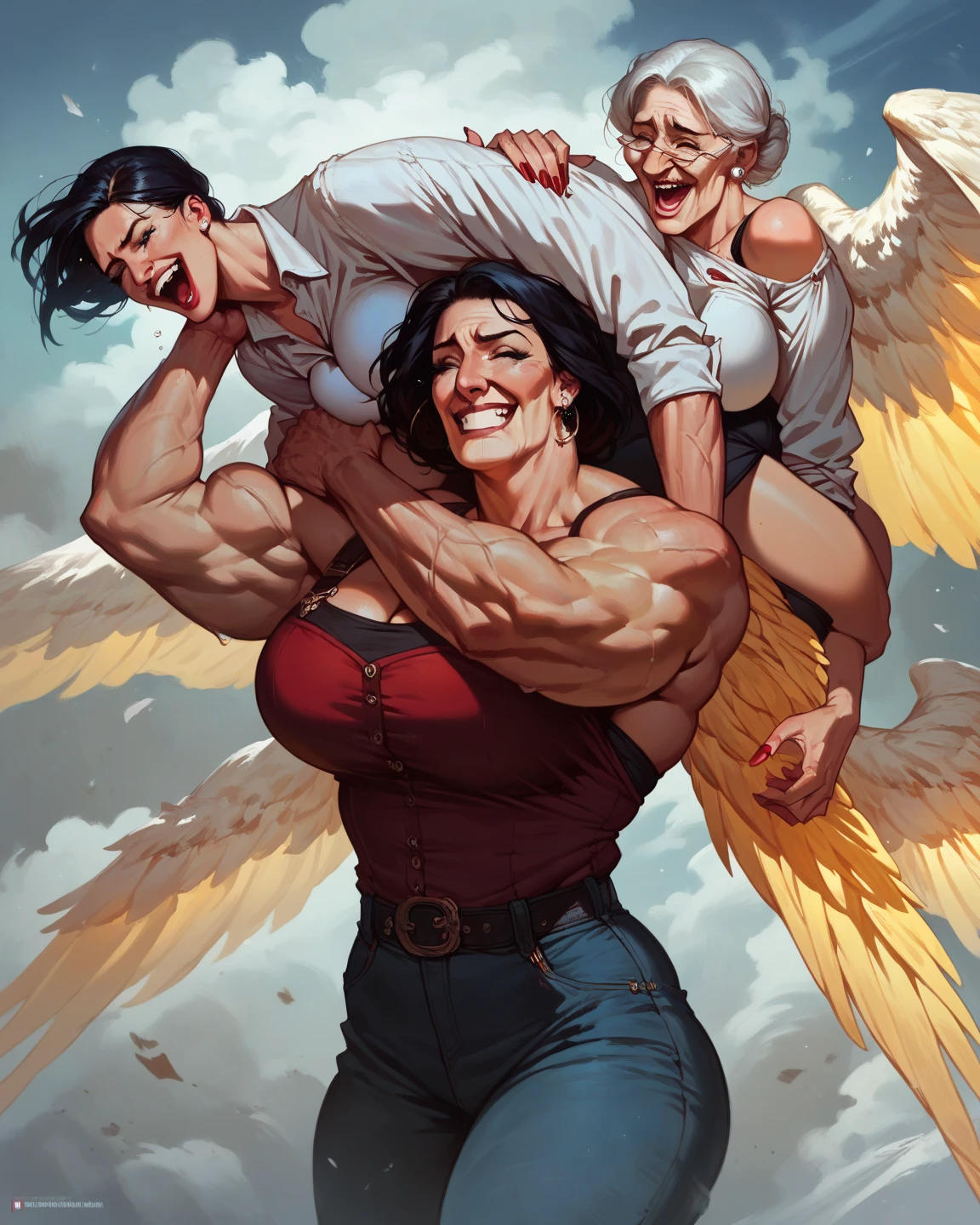 Score_9, Score_8_up, Score_7_up, Score_6_up, Score_5_up, Score_4_up, An image of a tall muscular female angel carrying a short woman. (The female angel is tall, giant, muscular, wide shoulders, very muscular, big arms, big legs, huge breasts, long white hair, mature, wrinkles, grandma, bodybuilder, huge muscles, massive muscles, angel wings, yellow wings, laughing.) (The short woman is crying, scared, short, petite, dark hair.) Best quality, High quality, Detailed, High resolution, 8k, Ultra high res, Soft saturation, Professional quality, Perfect contrast, Perfect litthing, Anatomically correct.