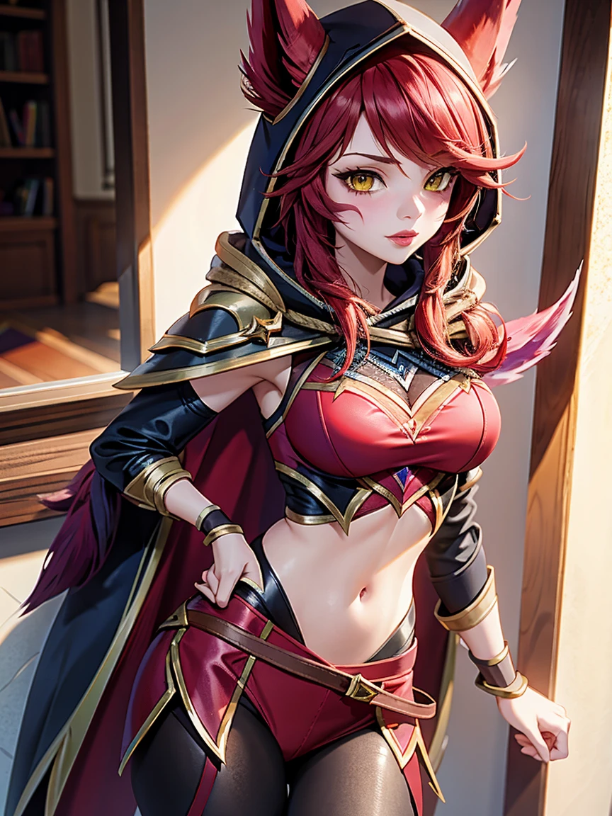 (masterpiece, best quality), 1girl, xayah, solo, long hair, animal ears, hood, hair over one eye, facial mark, thighhighs, large breasts, pink hair, hood up