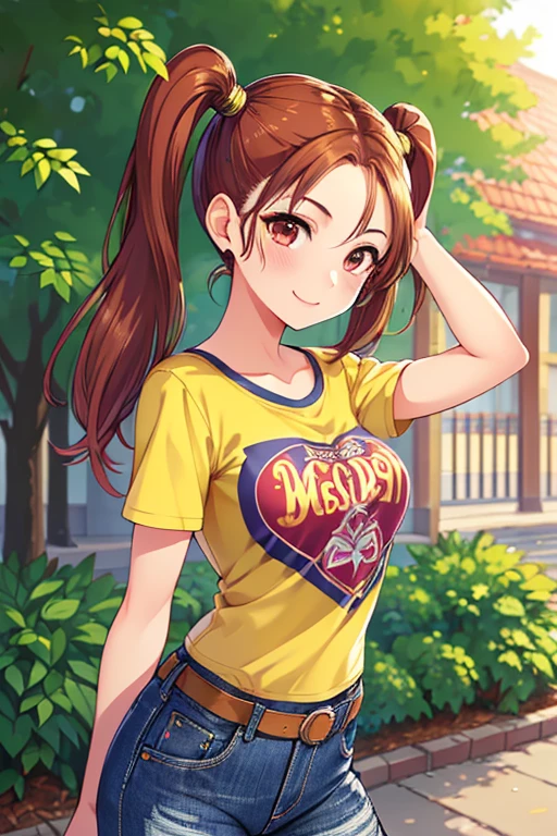 Jessica,  shiny maroon hair,  twin tails, ( beautiful brown eyes、 center split)、smile、 super detailed eyes、 Highly Detailed Faces ,  highly detailed eyes ,cowboy shot,、(Alone,  one girl)、 ,Master Piece,  top quality ,  high res, masterpiece , 



Only one female, ( Wandering Around the University Campus),  stylish (Crop T-shirt) ( denim pants),   優しいsmile, (最高masterpiece  top quality :1.2)  elaborate illustration super detailed,  break ( general college campus ) Outdoor, noon,  detailed background