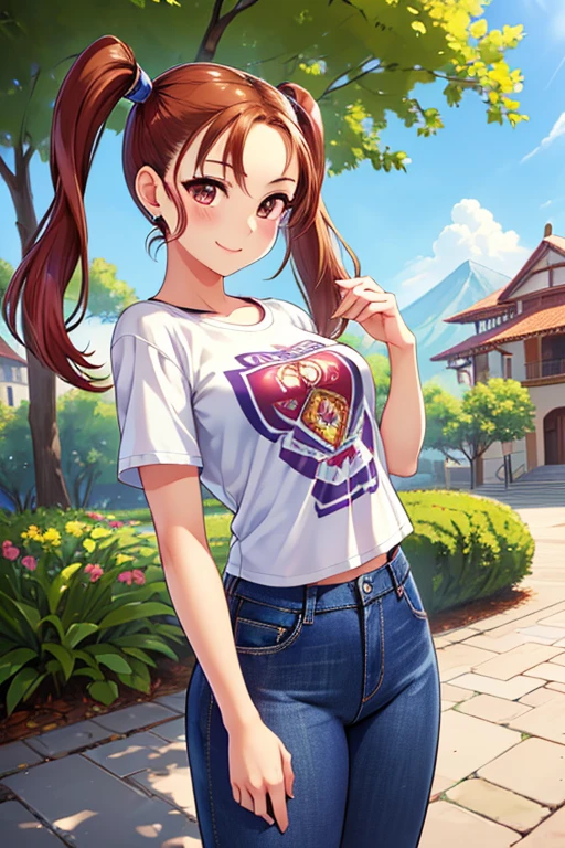 Jessica,  shiny maroon hair,  twin tails, ( beautiful brown eyes、 center split)、smile、 super detailed eyes、 Highly Detailed Faces ,  highly detailed eyes ,cowboy shot,、(Alone,  one girl)、 ,Master Piece,  top quality ,  high res, masterpiece , 



Only one female, ( Wandering Around the University Campus),  stylish (Crop T-shirt) ( denim pants),   優しいsmile, (最高masterpiece  top quality :1.2)  elaborate illustration super detailed,  break ( general college campus ) Outdoor, noon,  detailed background