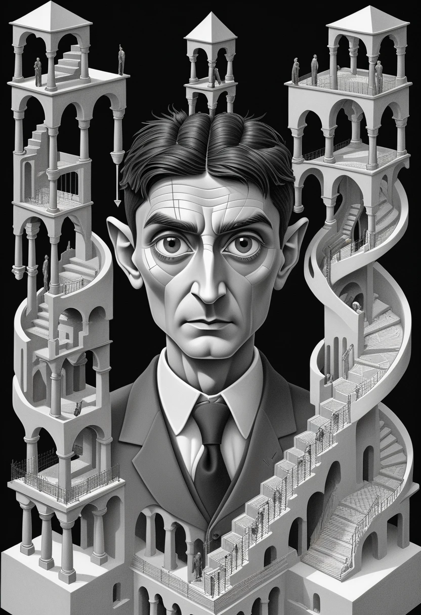 made-of-clay portrait of (Franz Kafka) in a suit jacket, in an intricate world of optical illusions and impossible geometries, impossible staircase (architecture:1.2) Endless staircases intertwining in an impossible loop, bending the laws of physics, paradox, surreal, monochrome with subdued color accents, intricately detailed, a mesmerizing and thought-provoking and mind-bending Escherian masterpiece, art by escher, Tim Burton Style