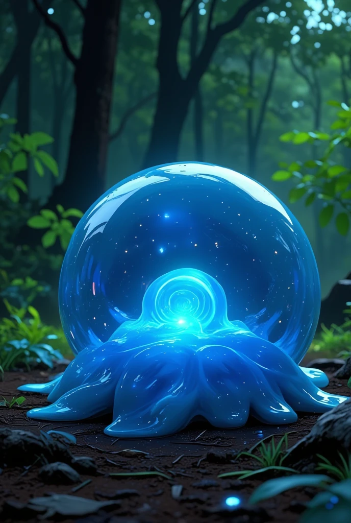 A creature made out of slime, like a gelatinous sphere of blue liquid. Enclosed within it is a small spherical crystal core. It is in a forest on the ground. gravity squishes it down a little bit. It is resting peacefully.