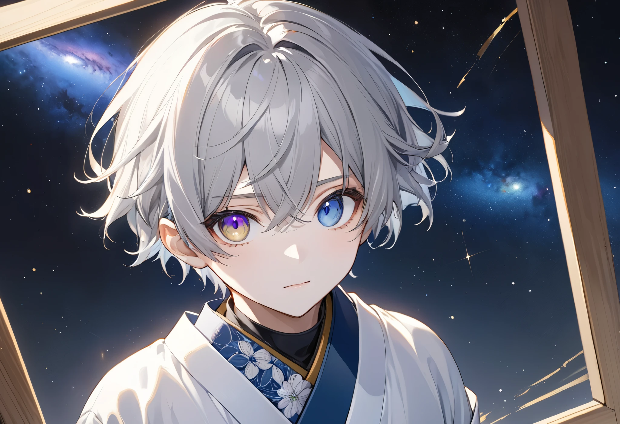  fresh illustration ,
Superfine painting,
 very delicate illustration ,
 Very fine details ,
Picture of only one boy ,
Height: 158cm,
 white skin,
The right eye is purple and the left eye is blue iris heterochromia ,
 beautiful eyes,
 large black pupils ,
 short hair with shadows,
Gray Hair,
 hair roots are bluish ,
 hair has gradation ,
 shiny hair with makeup,
 cute faces ,
pretty face
There is a small shining ring on the back of the head,
 raised eyebrows ,
 and her upper body is wearing a kimono in kimono,
Masculine physique,
 six pack,
Super small breasts,
No boobs,
The color of the belt is black ,
Overall white clothes ,
 tasteful embroidery with gold thread ,
 fine fabric clothing ,
Isometric,
Golden Ratio,
god々 like atmosphere,
 wearing blue colored padded collar innerwear ,
 outer space ,
Milky Way,
Little Star々 upper body ,
 tactical use of shadows ,
 rings of the head and hair do not stick out of the angle of view,
 standing picture ,
 Bust Shots,