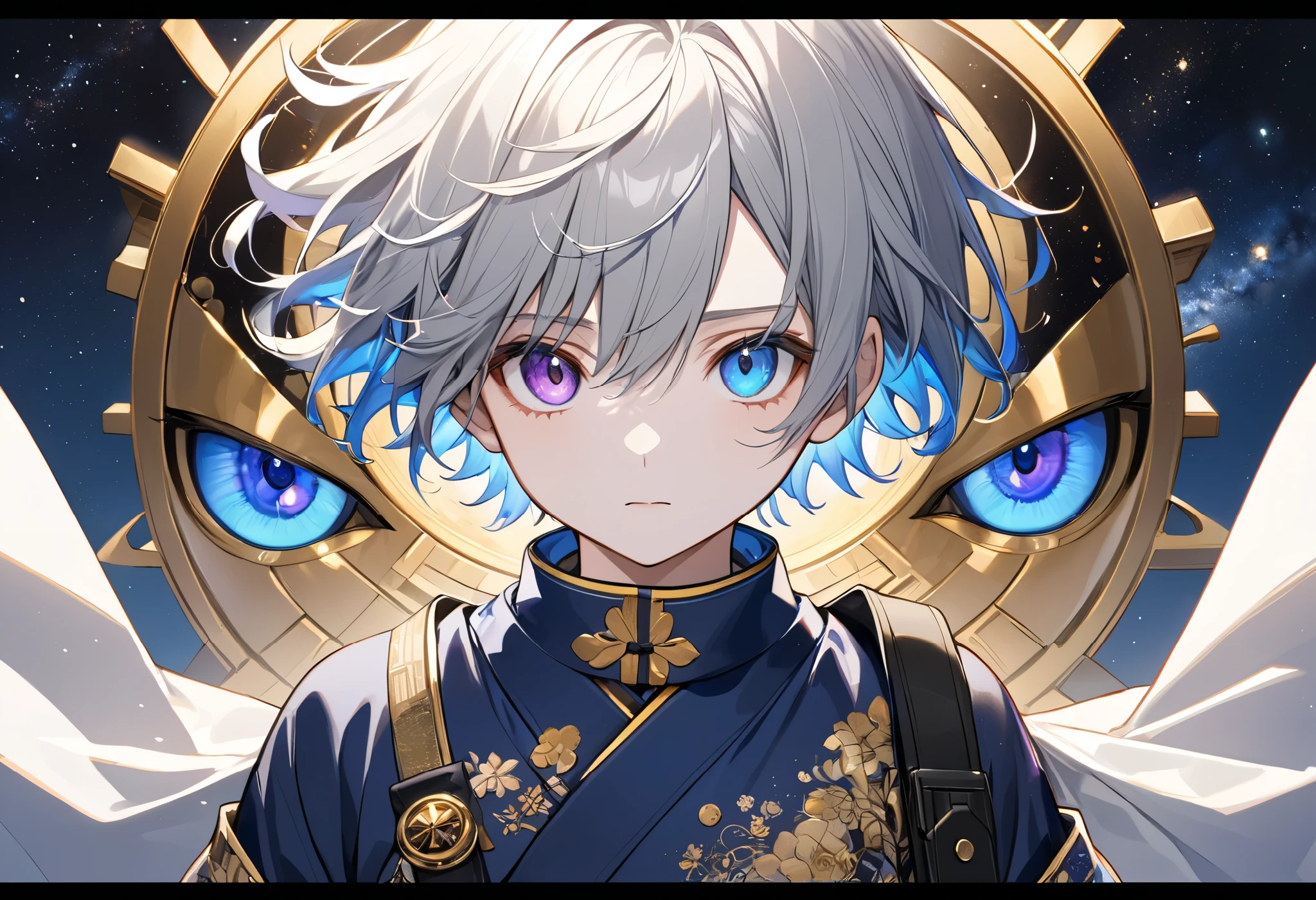 fresh illustration ,
Superfine painting,
very delicate illustration ,
Very fine details ,
Picture of only one boy ,
Height: 158cm,
white skin,
The right eye is purple and the left eye is blue iris heterochromia ,
beautiful eyes,
large black pupils ,
short hair with shadows,
Gray Hair,
hair roots are bluish ,
hair has gradation ,
shiny hair with makeup,
cute faces ,
pretty face
There is a small shining ring on the back of the head,
raised eyebrows ,
and her upper body is wearing a kimono in kimono,
Masculine physique,
six pack,
Super small breasts,
No boobs,
The color of the belt is black ,
Overall white clothes ,
tasteful embroidery with gold thread ,
fine fabric clothing ,
Isometric,
Golden Ratio,
god々 like atmosphere,
wearing blue colored padded collar innerwear ,
outer space ,
Milky Way,
Little Star々 upper body ,
tactical use of shadows ,
rings of the head and hair do not stick out of the angle of view,
standing picture ,
Bust Shots,