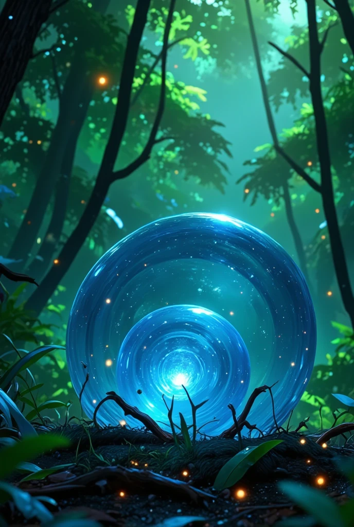 A creature made out of slime, like a gelatinous sphere of blue liquid. Enclosed within it is a small spherical crystal core. It is in a forest on the ground. It is resting peacefully.