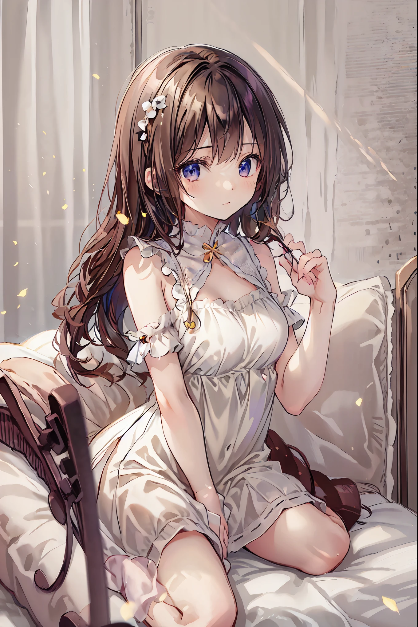 ( table top in bed)( HIGH DEFINITION )One couple in their 20s, woman1名、woman向けロマンス、Sparkling atmosphere、Glossy appearance、Devour each other as they please、Interview、 Sweating、maleがwomanの胸や体を触る、womanがmaleにキスをする、make、woman( brown medium long hair 、 slightly larger breasts 、 negligee 、近いeye)、Sweet Sigh、male( black hair short、Half-removed shirt、 legs 、Strong and close ~ eye)、background(room、 bed、Turn off the lights、I closed the curtains..)、The night deepens、dim、 brown hair, shortcuts, Unkempt Hair ,Short braided hair,Neat, slender beautiful woman,Correct posture,Small chest, Beautiful Legs,魅惑的なグレーブルーのeyeは星のように輝いている,垂れeye, brightly colored ,美しいeye,A delicate smile,Textured Skin, best quality best ,優しくて美しいwoman, anime style、
