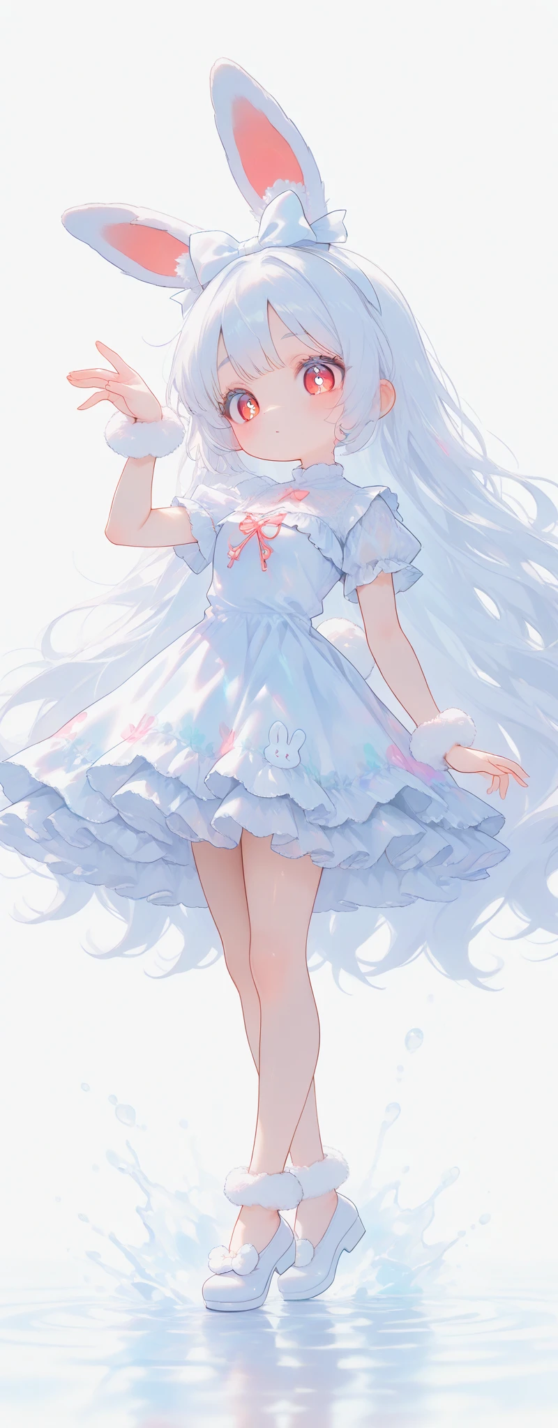 (solo:1.2),1girl\(chibi,cute,kawaii,(white hair:1.4),(very long hair:1.6),bangs,(ear\(fluffy,white,rabbit-ear\):1.4),red eye,big eye,beautiful shiny eye,detailed pupils,skin color white,big black hairbow\(with print\),(cute white frilled silky dress:1.3),breast,cute pose,cute hand sign,korean idol pose,(cute symbol mark in eye),wrist fur,rabbit-tail,shiny skin,shiny hair,full body,1r1d3sc3nc3, slightly (smile:0.5),looking away\),colorful roses petals, beautiful water drops,beautiful day,fairy tale atmosphere,close-up girl,3d,(((dynamic pose))),masterpiece,best quality,newest,dynamic angle