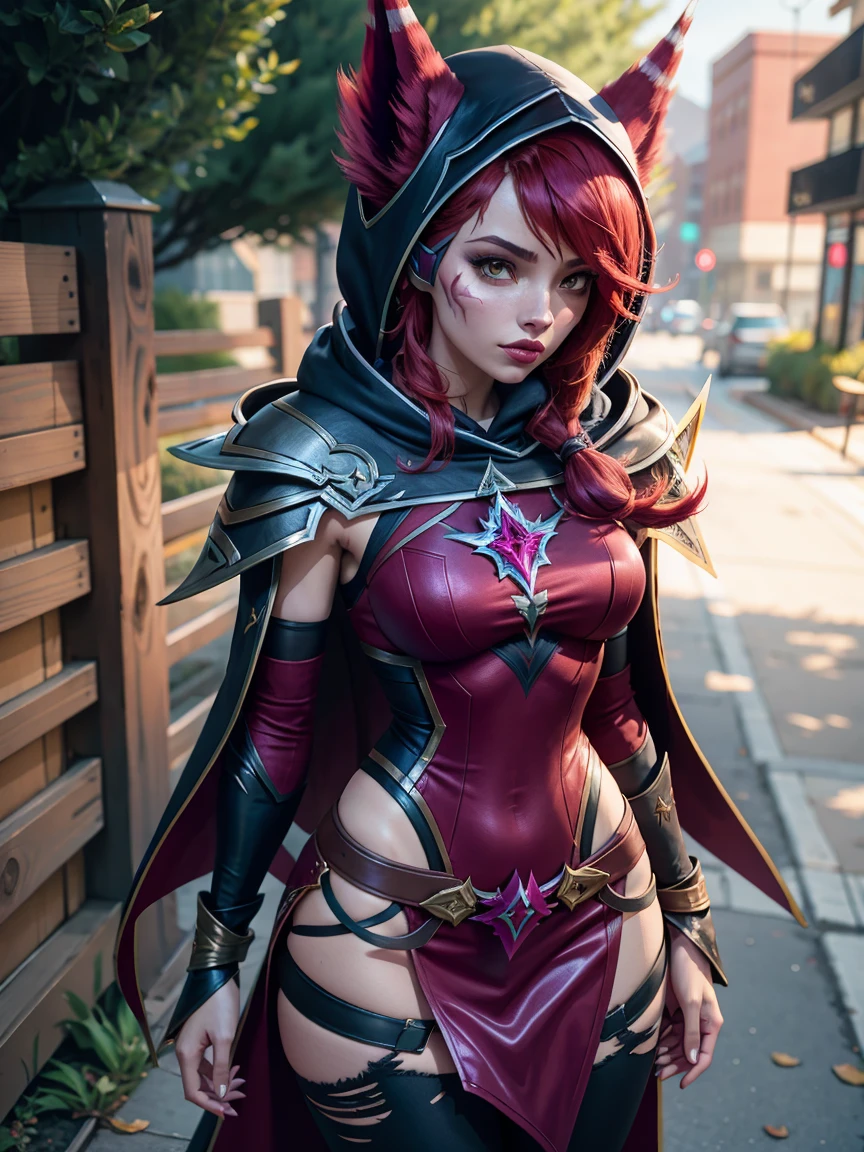 Masterpiece, top quality, ((((dark magician girl)))), ([(a beautiful eurocentric woman with), long vibrant red hair, black undertones, ! two tone hair!, ! two eye colors!, right eye is (green:1.2), left eye is (purple:1.2), (pale skin:1.2), black leotard, red hooded cape, black thigh-high leggings, full body, (36C breasts:1.2), smile, pink lipstick), summoning fire, sorceress]: 1.5, 8k