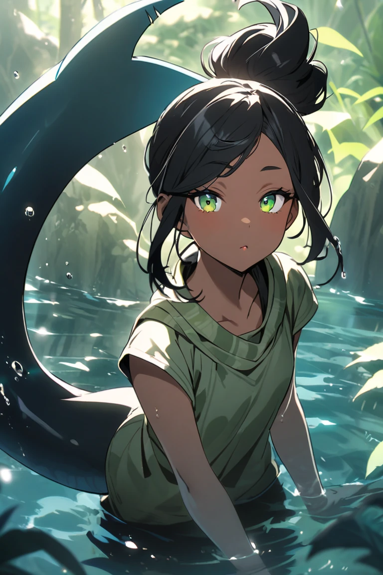 Generate an image of an anime-style female character with messy hair, a scar on her eye, and swamp powers, 3.