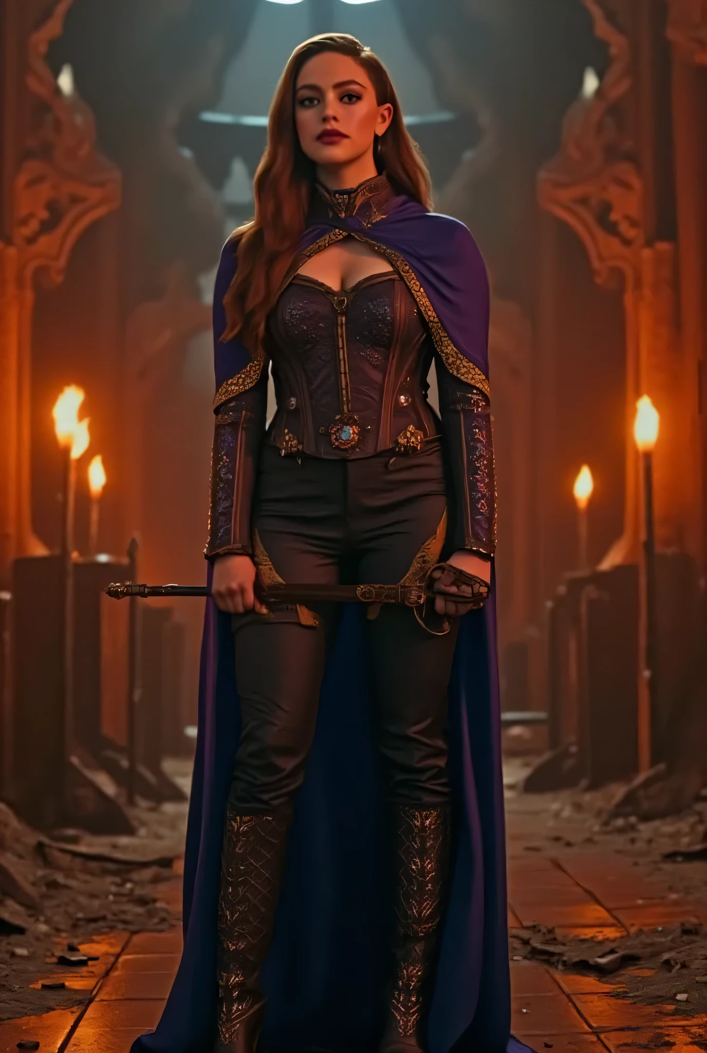 The vampire slayer wears a regal outfit with a dark purple cape lined in gold, a corset encrusted with small gemstones, and combat-ready pants. Her boots are laced with glowing magical threads. She’s positioned in the middle of a crumbling vampire castle, lit by flaming torches. The slayer wields an ornate longsword. The angle is an extreme close-up focusing on her intense expression, with a shallow depth of field captured using a Leica M11 Monochrom camera for high-contrast cinematic flair. danirus