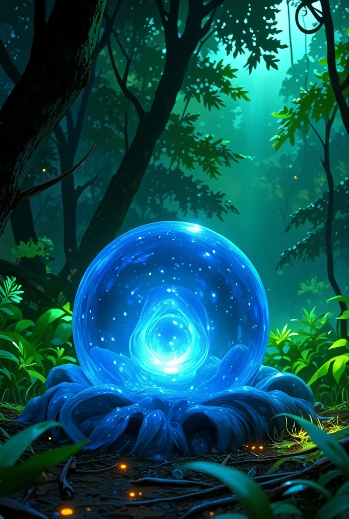 A creature made out of slime, like a gelatinous sphere of blue liquid. Enclosed within it is a small spherical crystal core. It is in a forest on the ground. It is resting peacefully.