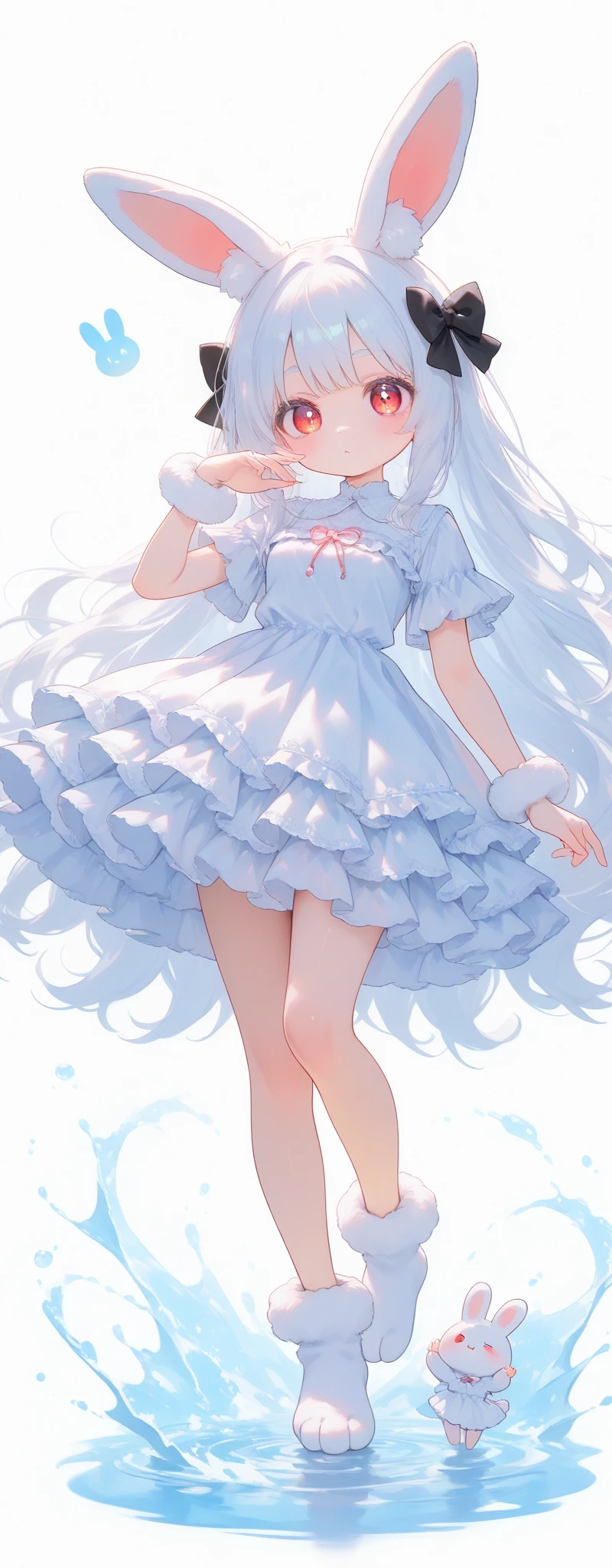 (solo:1.2),1girl\(chibi,cute,kawaii,(white hair:1.4),(very long hair:1.6),bangs,(ear\(fluffy,white,rabbit-ear\):1.4),red eye,big eye,beautiful shiny eye,detailed pupils,skin color white,big black hairbow\(cute symbols\),(white frilled silky dress:1.3),breast,cute pose,cute hand sign,korean idol pose,cute symbol in eye,fur at wrist,full body\),colorful roses,beautiful water splash,beautiful day,close-up girl,3d,(((dynamic pose))),masterpiece,best quality,newest,dynamic cutest angle