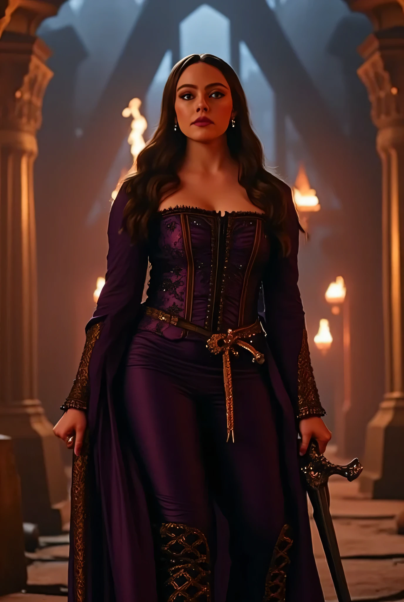 The vampire slayer wears a regal outfit with a dark purple cape lined in gold, a corset encrusted with small gemstones, and combat-ready pants. Her boots are laced with glowing magical threads. She’s positioned in the middle of a crumbling vampire castle, lit by flaming torches. The slayer wields an ornate longsword. The angle is an extreme close-up focusing on her intense expression, with a shallow depth of field captured using a Leica M11 Monochrom camera for high-contrast cinematic flair. danirus