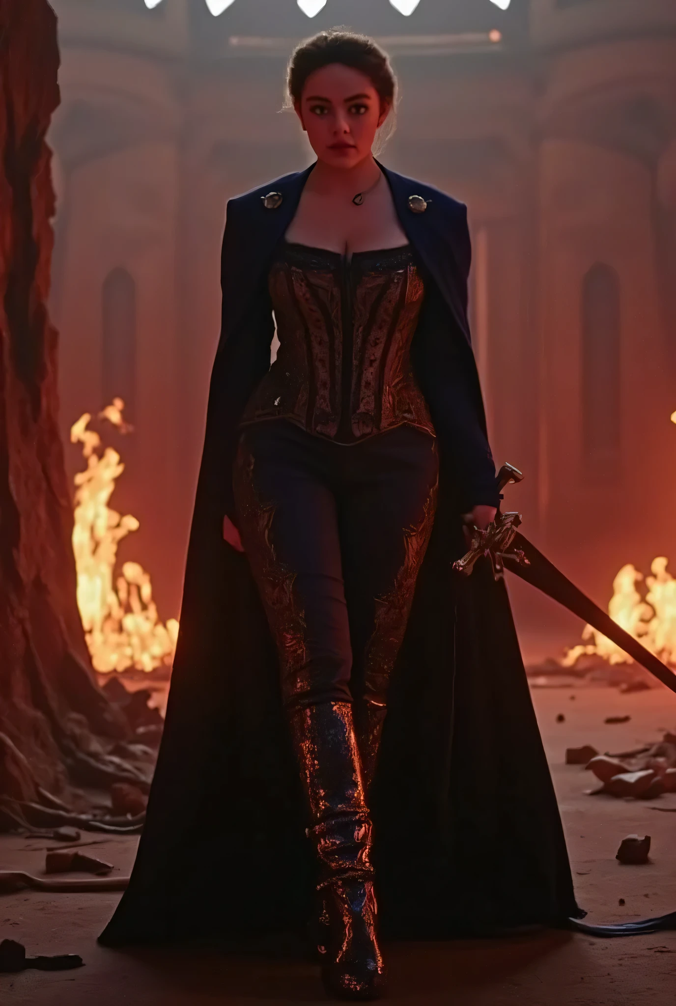 The vampire slayer wears a regal outfit with a dark purple cape lined in gold, a corset encrusted with small gemstones, and combat-ready pants. Her boots are laced with glowing magical threads. She’s positioned in the middle of a crumbling vampire castle, lit by flaming torches. The slayer wields an ornate longsword. The angle is an extreme close-up focusing on her intense expression, with a shallow depth of field captured using a Leica M11 Monochrom camera for high-contrast cinematic flair. danirus