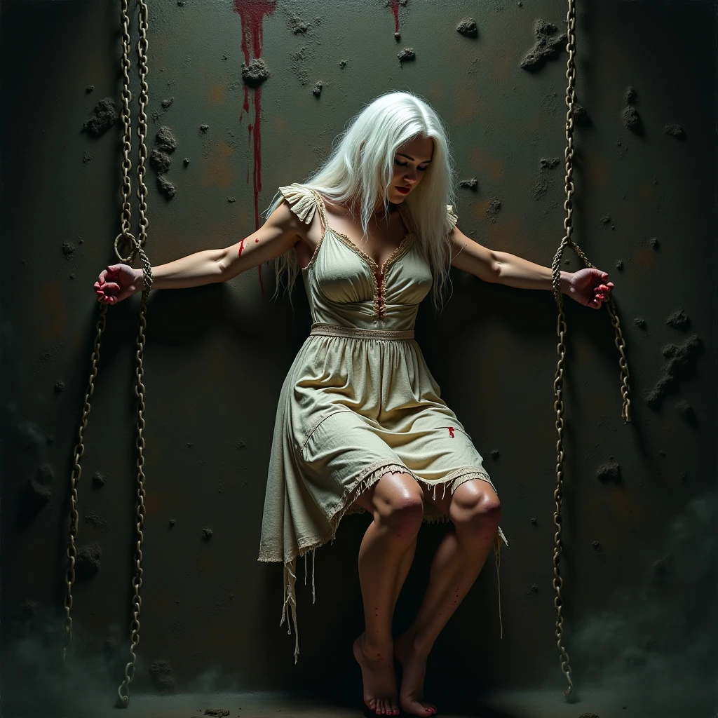 An extremely thin dead woman, an iron rod pierces your body, A very thin woman impaled, A woman who died with an iron bar penetrating her abdomen, Billie Eilis With a huge gash on her stomach and her intestines coming out of the wound, lots of blood coming out of the wound, Blood flying all over the woman, Billie Eilish, The woman is naked, the woman is hanging by a chain, with blood on the floor, a knife is sticking out of the woman&#39;s vagina, carnal ) humida, corpo humida, skin wet, muito humida, oleado, deep wound on woman&#39;s belly, many injuries on the woman&#39;s body, large, open wound on woman, wound gushing blood on woman, open wound on woman&#39;s stomach, large wound on woman&#39;s belly, knife sticking out of woman&#39;s vagina, dripping humida, hyper realist, sexy girl, sweaty humida skin, female goddess, the woman&#39;s vagina is open, her vagina has a knife inserted, the woman&#39;s body is covered in blood, the woman is in an elevator shaft, lots of blood all over the wall, blood flying off the walls, blood flying from the woman&#39;s wounds, 4K], 4K ]