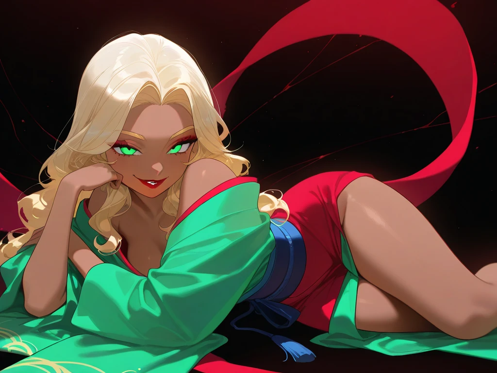 OC, female, semi realism, dark tanned skin, red lips, blonde eyebrows, perfect face, long wavy light Ashe blonde hair with bang, half-closed Green eyes, evil smile, red glamorous, sweet aesthetic, sexy kimono, mystic luminescent, sexy,