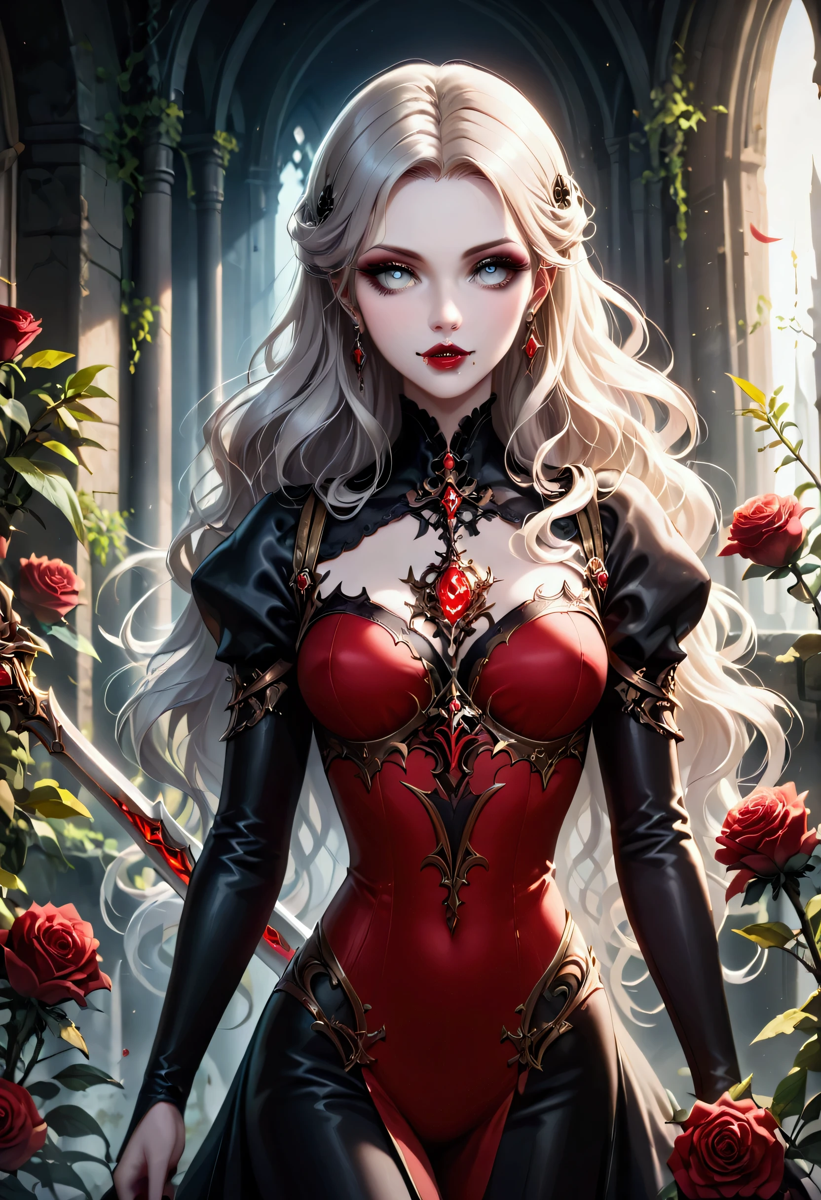 score_9, score_8_up, score_7_up, score_6_up, score_5_up, score_4_up, Dark fantasy art, fantasy art, goth art, a picture of a female vampire (masterpiece, best quality: 1.3), exquisite beauty, full body shot (masterpiece, best quality: 1.3), delicate face (masterpiece, best quality: 1.3), vampire fangs, dark glamour shot, pale white skin, blond hair, long hair, wavy hair, (glowing grey: 1.3) eyes, she wears a (red: 1.3) red tight suit, she holds a sword (masterpiece, best quality: 1.2) in hand,  , the roses are imprinted on the suit (black: 1.4) black roses, high heels, dark castle, dark, Cinematic Shot, intricate details, sword and shield