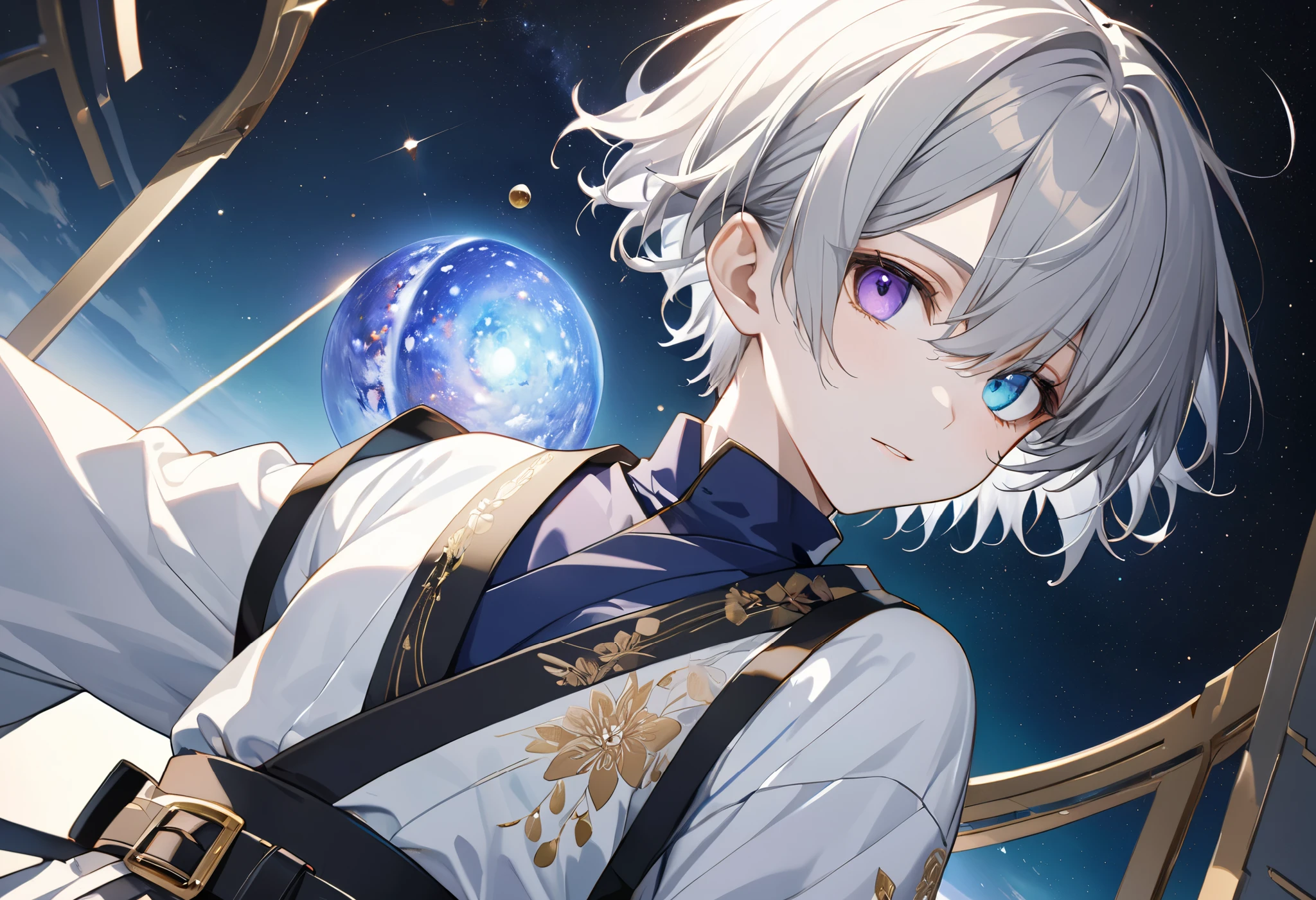 fresh illustration ,
Superfine painting,
very delicate illustration ,
Very fine details ,
Picture of only one boy ,
Height: 158cm,
white skin,
The right eye is purple and the left eye is blue iris heterochromia ,
beautiful eyes,
large black pupils ,
short hair with shadows,
Gray Hair,
hair roots are bluish ,
hair has gradation ,
shiny hair with makeup,
cute faces ,
pretty face
There is a small shining ring on the back of the head,
raised eyebrows ,
and her upper body is wearing a kimono in kimono,
Masculine physique,
six pack,
Super small breasts,
No boobs,
The color of the belt is black ,
Overall white clothes ,
tasteful embroidery with gold thread ,
fine fabric clothing ,
Isometric,
Golden Ratio,
god々 like atmosphere,
wearing blue colored padded collar innerwear ,
outer space ,
Milky Way,
Little Star々 upper body ,
tactical use of shadows ,
rings of the head and hair do not stick out of the angle of view,
standing picture ,
Bust Shots,