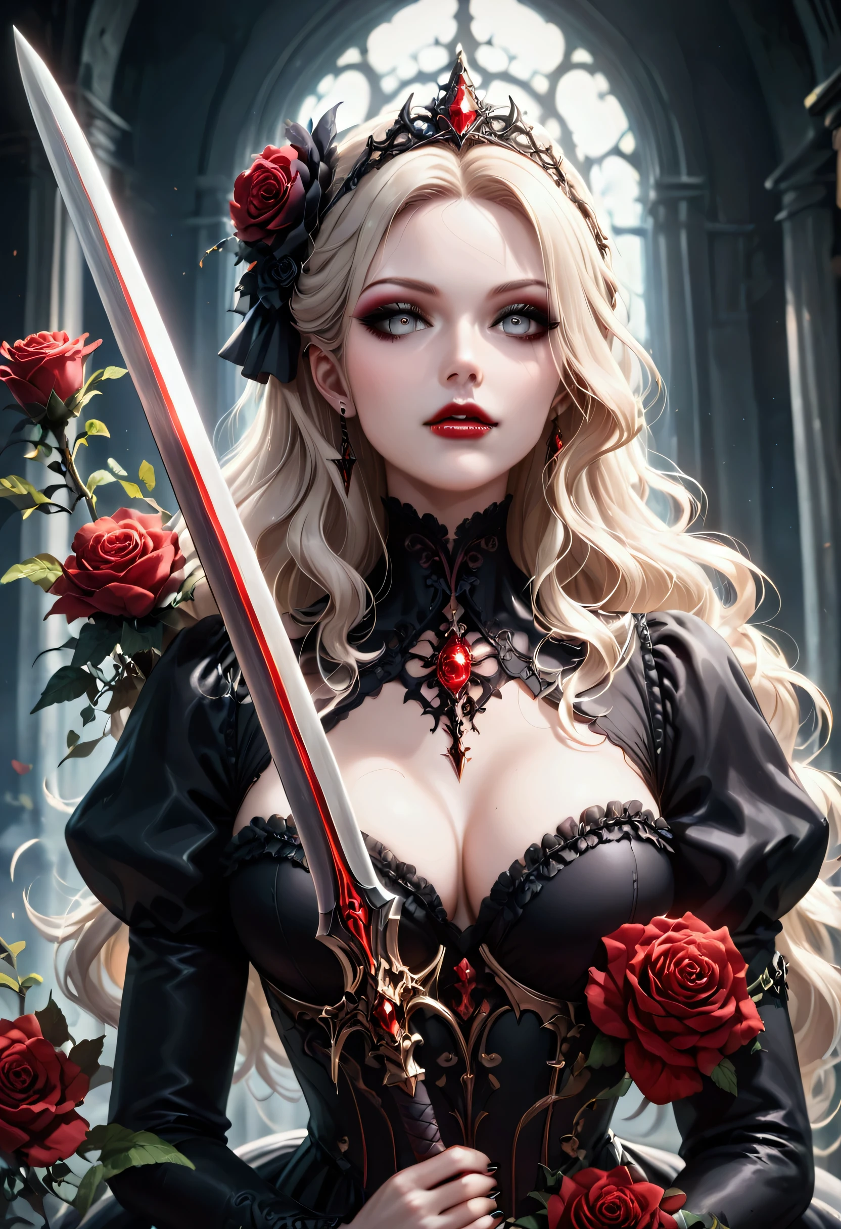 score_9, score_8_up, score_7_up, score_6_up, score_5_up, score_4_up, Dark fantasy art, fantasy art, goth art, a picture of a female vampire (masterpiece, best quality: 1.3), exquisite beauty, full body shot (masterpiece, best quality: 1.3), delicate face (masterpiece, best quality: 1.3), vampire fangs, dark glamour shot, pale white skin, blond hair, long hair, wavy hair, (glowing grey: 1.3) eyes, she wears a (red: 1.3) red tight suit, she holds a sword (masterpiece, best quality: 1.2) in hand, , the roses are imprinted on the suit (black: 1.4) black roses, high heels, dark castle, dark, Cinematic Shot, intricate details, sword and shield
