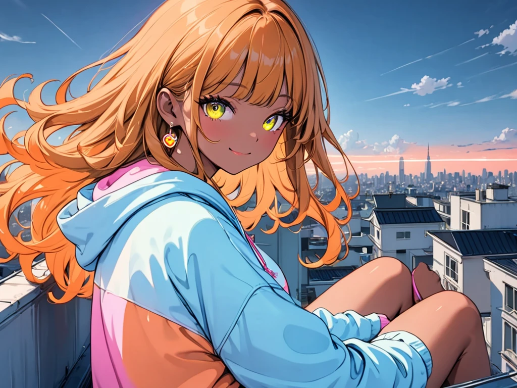 Neon orange hair, yellow eyes, tanned skin, Harajuku hoodie, sitting on rooftopHigh Resolution, Masterpiece, Anatomically Correct, Long Hair, Parted Bangs, Curly Hair, Earrings, Closed Mouth, Smile, Blue eyes, Yellow Eyes, Out Of Frame, tanned skin, neon filter, pink colorblock hoodie, caramel toned skin, Parted Bangs, 