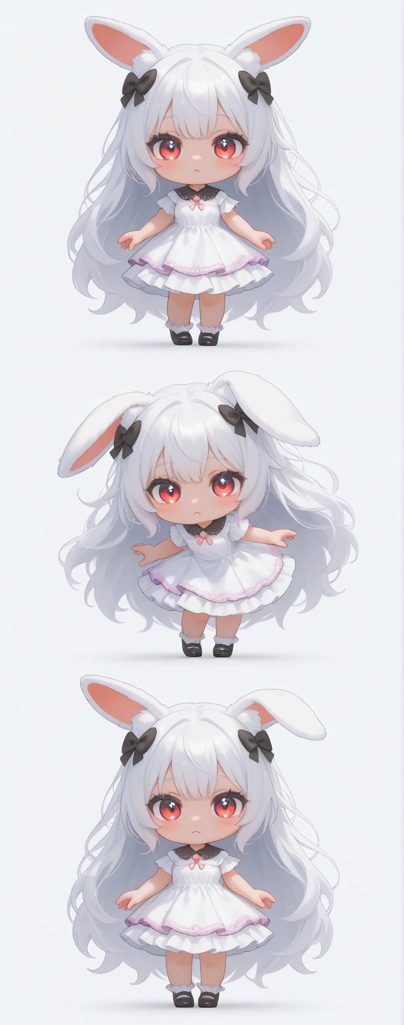 (solo:1.2),1girl\(chibi,cute,kawaii,(white hair:1.4),(very long hair:1.6),bangs,(ear\(fluffy,white,rabbit-ear\):1.4),red eye,big eye,beautiful shiny eye,detailed pupils,skin color white,cute big black hairbow,(cute white frilled silky dress:1.3),breast,cute pose,cute hand sign\),background\(colorful roses,by the beautiful lake,((beautiful sunny day))\),,close-up girl,3d,(((dynamic pose))),masterpiece,best quality,newest,dynamic  angle