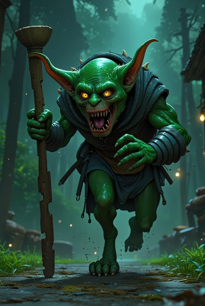 A green goblin. It looks gnarled and weak. It is running. It has a rough wooden club in its hand. It has a large pointy nose with warts on it and large pointed ears. Its belly juts out. It has yellow eyes with black slitted pupils. It has torn and stained clothing.