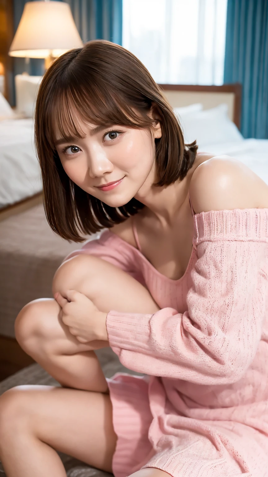 ((  is lying on the back ,  spread their legs high ,):1.1),  1 girl,   perfect body ,Hotel Bedroom,  short , ( flat chest:1.1),   medium bob hair ,Grab your knees with your hands, ,smile, Well good,(():1.3),White skin,  off shoulder, (  pink knitted little dress:1.2),Body fit clothes ,   full body portrait :1.3, Delicate and attractive collarbone , top quality ,   RAW photos,  realistic,  cute,   kampala,   Details, Very   Details, extremely   Details eye and 顔,  sharp pupils,    sharp concentration ,( cinematic lighting )