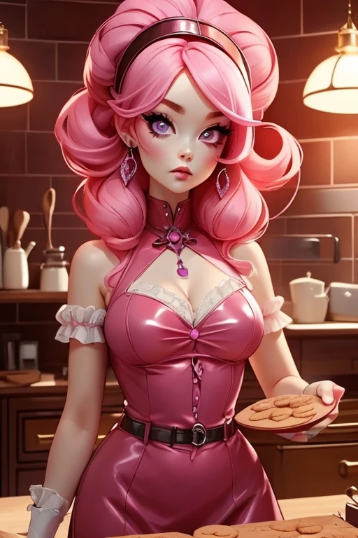 Perfect face. Perfect hands. A pink haired woman with violet eyes and an hourglass figure in a Gothic leather teddy is baking cookies in a kitchen
