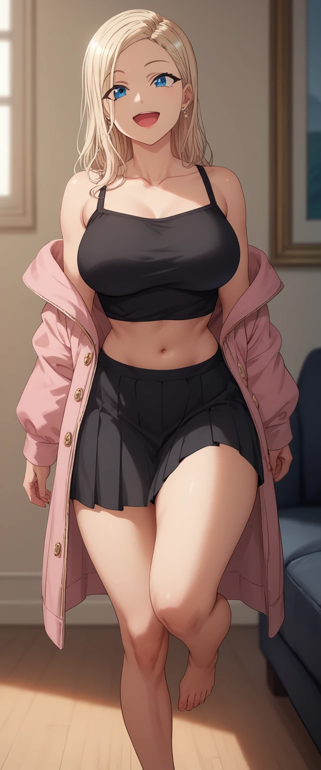 Kurashiki Reina, 
最high quality, masterpiece, Very detailed, high quality, high resolution, A girl, Blonde, blue eyes, earrings, beautiful, beautiful and perfect face, Smile, open mouth, View your audience, pink jacket, black shirt, black skirt, collarbone, bare shoulders, uncovered legs, Large Breasts, belly button, Big Ass, Curved body, Throw, close up, From the front, whole body, foot, Standing, Lean forward, at home, at living room