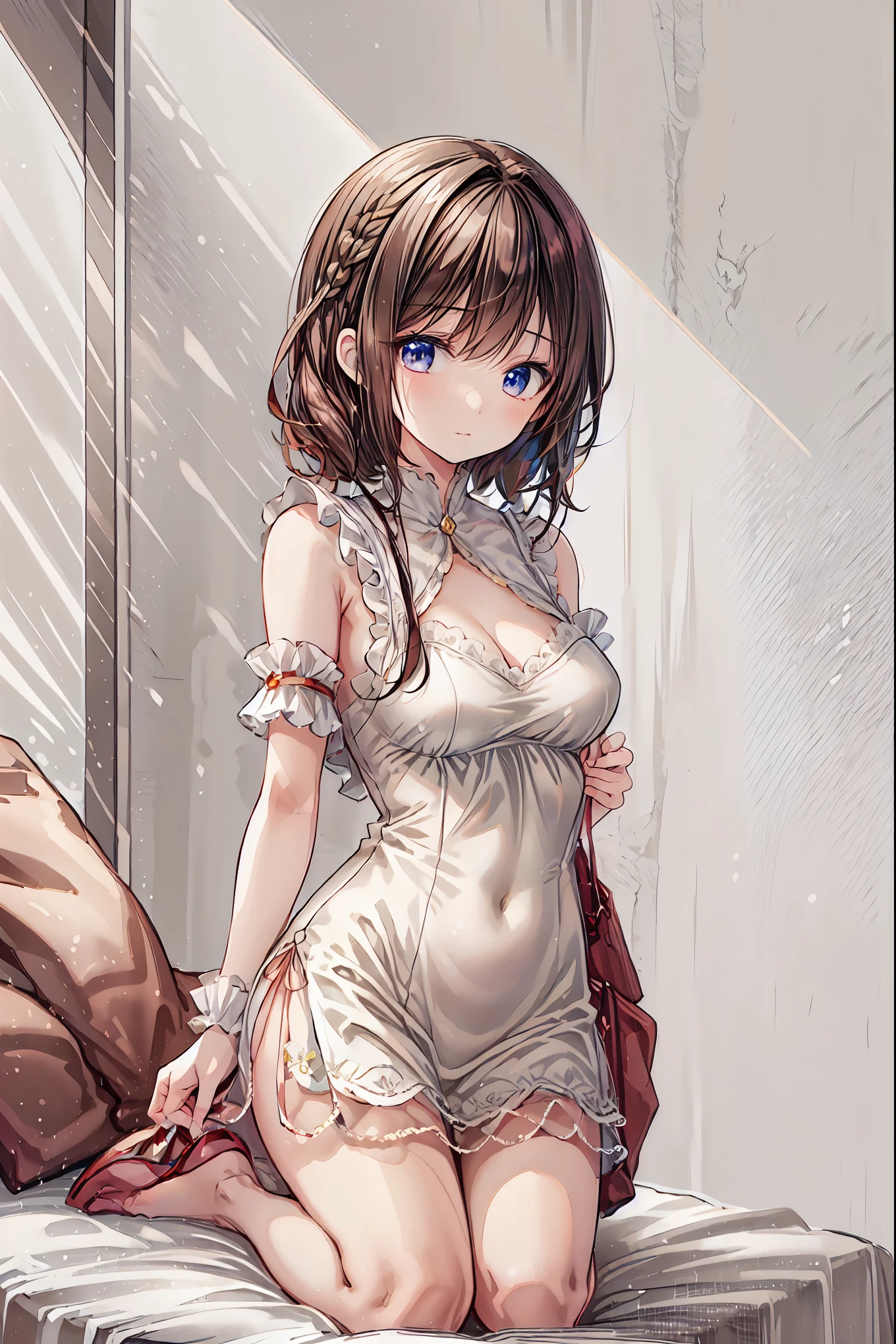 ((masterpiece)), (( top quality )), (( top quality )), (( super detailed )), ((8k CG wallpaper)), (( very delicate and beautiful )), ((figure)), ( high res),( table top in bed)( HIGH DEFINITION )One couple in their 20s, woman1名、woman向けロマンス、Sparkling atmosphere、Glossy appearance、Devour each other as they please、Interview、 Sweating、maleがwomanの胸や体を触る、womanがmaleにキスをする、make、woman( brown medium long hair 、 slightly larger breasts 、 negligee 、近いeye)、Sweet Sigh、male( black hair short、Half-removed shirt、 legs 、Strong and close ~ eye)、background(room、 bed、Turn off the lights、I closed the curtains..)、The night deepens、dim、 brown hair, shortcuts, Unkempt Hair ,Short braided hair,Neat, slender beautiful woman,Correct posture,Small chest, Beautiful Legs,魅惑的なグレーブルーのeyeは星のように輝いている,垂れeye, brightly colored ,美しいeye,A delicate smile,Textured Skin, best quality best ,優しくて美しいwoman, anime style、