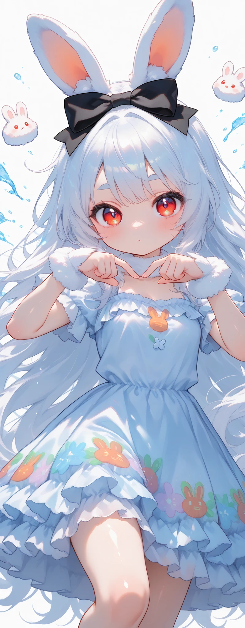 (solo:1.2),1girl\(chibi,cute,kawaii,(white hair:1.4),(very long hair:1.6),bangs,(ear\(fluffy,white,rabbit-ear\):1.4),red eye,big eye,beautiful shiny eye,detailed pupils,skin color white,big black hairbow,(cute white frilled silky dress:1.3),breast,cute pose,cute hand sign,korean idol pose,cute symbol in eye,wrist fur,shiny skin,shiny hair\),colorful roses,beautiful water splash,beautiful day,close-up girl,3d,(((dynamic pose))),masterpiece,best quality,newest,dynamic angle