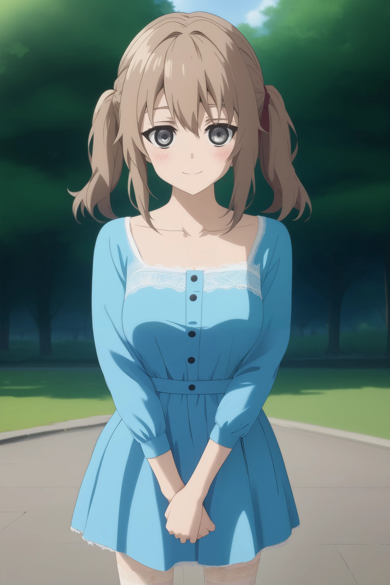 score_9, score_8_up, score_7_up, source_anime,     complex details    , (3d:0.4), ,    1 tall adult girl in her twenties  , One, female focus,   light brown hair ,    grey eyes  , большие   grey eyes  , длинные   light brown hair  заплетены в два больших высоких хвоста на голове, hair tails on head ,   light brown hair , smile, blushed, blue dress ,   large breasts  ,   thin waist,   slender legs  , stockings, shoes, lace, A blue summer dress  ,  full length ,  stands in the park, in the shade of a tree 