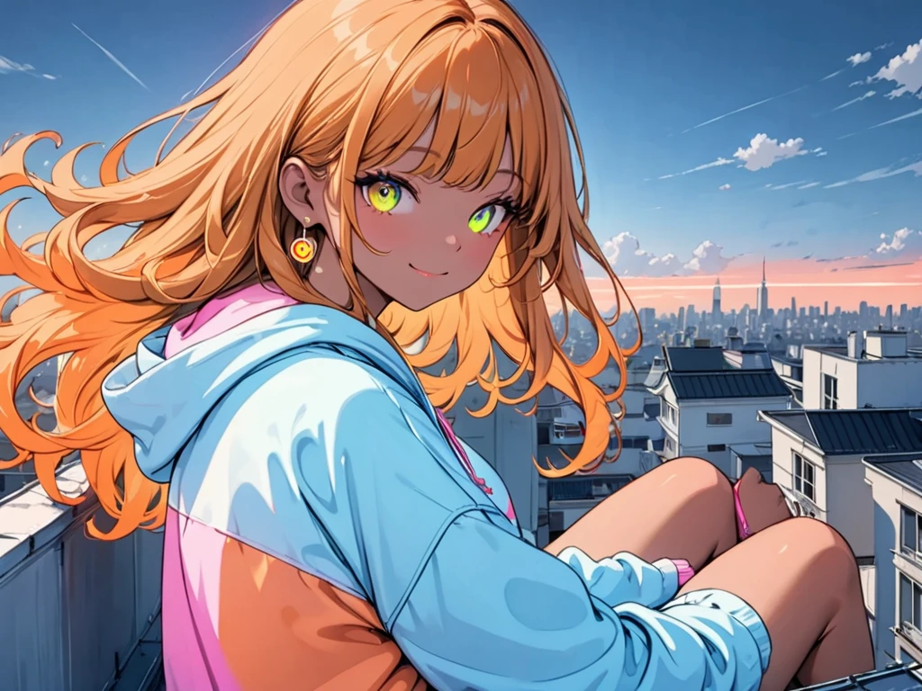 Neon orange hair, yellow eyes, tanned skin, Harajuku hoodie, sitting on rooftopHigh Resolution, Masterpiece, Anatomically Correct, Long Hair, Parted Bangs, Curly Hair, Earrings, Neon orange curly hair, Closed Mouth, Smile, Blue eyes, Yellow Eyes, Out Of Frame, tanned skin, neon filter, pink colorblock hoodie, caramel toned skin, Parted Bangs, Neon orange hair