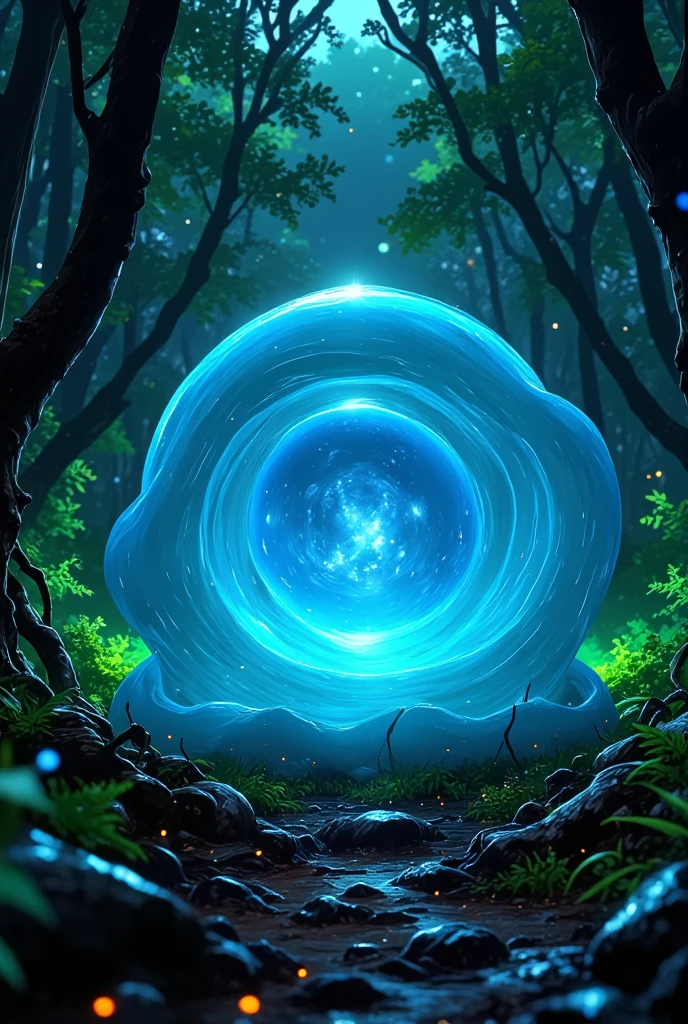 A creature made out of slime, like a gelatinous sphere of blue liquid. Enclosed within it is a small spherical crystal core. It is in a forest resting on the dirt.