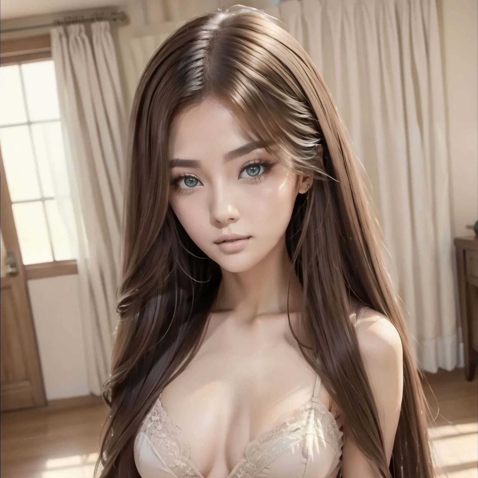 （ top quality  。  Highest Resolution  。  Super Realistic Photos  。  full body portrait 。） There is a beautiful woman with very long hair 。 She cut her long hair short。Short cut。 More beautiful than a beautiful actress  。 beautiful young woman 。 She has a cute and beautiful face like a top model 。 Her hair was about 10 meters long 。 Her hair was longer than she was tall。She's 22 years old  。  The most beautiful face in the world  。She had the longest hair in the world。 She is the winner of the World Long Hair Contest 。Her beautiful hair was much longer than she was tall 。 very rich hair  。 very shiny hair 。Take pictures of all the long hair she cut 。 all images of her  。 shiny and very long hair  。Her long, beautiful hair was a symbol of feminine beauty 。smile。  Seductive Proportions  。  slender body 。  she's cutting her super long hair short in the lobby of her home where no one else is there。 Lots of the hair she cut was falling down on the floor。The amount of hair falling to the floor is huge。She's sleeping on her cut hair 。 straight blonde hair  。 Underwear or nakedness 。