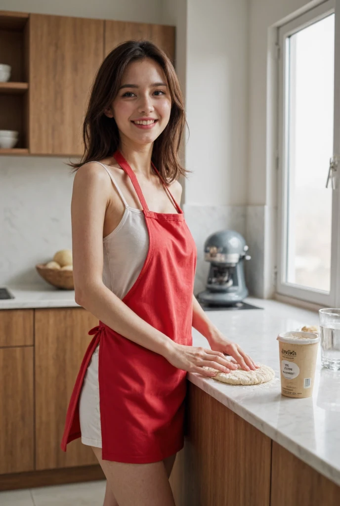 A highly detailed, realistic photograph of a young woman standing in a modern kitchen, at the counter. She is kneading dough with her hands, and on the counter there is a packet of flour and a glass of water. The woman is wearing a short skirt and a bright red kitchen apron, but no t-shirt (she has any other clothes on the top, except apron), showcasing a casual and relaxed mood. under apron visible breasts. breasts-size:0.6. Her hair is slightly messy, reflecting her focus on baking. has shoulder-length hair. hair colour brunette. She is smiling warmly, looking directly into the camera with a confident and playful expression. The lighting is soft and natural, coming from a large window on the side, creating subtle highlights on her face and arms. The kitchen has a clean, contemporary design with wooden cabinets and a marble countertop. Side view, emphasizing her activity while capturing the lively and inviting atmosphere.

