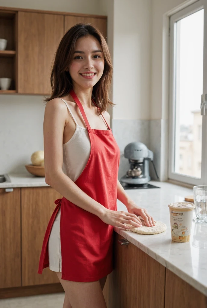 A highly detailed, realistic photograph of a young woman standing in a modern kitchen, at the counter. She is kneading dough with her hands, and on the counter there is a packet of flour and a glass of water. The woman is wearing a short skirt and a bright red kitchen apron, but no t-shirt (she has any other clothes on the top, except apron), showcasing a casual and relaxed mood. under apron visible breasts. breasts-size:0.6. Her hair is slightly messy, reflecting her focus on baking. has shoulder-length hair. hair colour brunette. She is smiling warmly, looking directly into the camera with a confident and playful expression. The lighting is soft and natural, coming from a large window on the side, creating subtle highlights on her face and arms. The kitchen has a clean, contemporary design with wooden cabinets and a marble countertop. Side view, emphasizing her activity while capturing the lively and inviting atmosphere.

