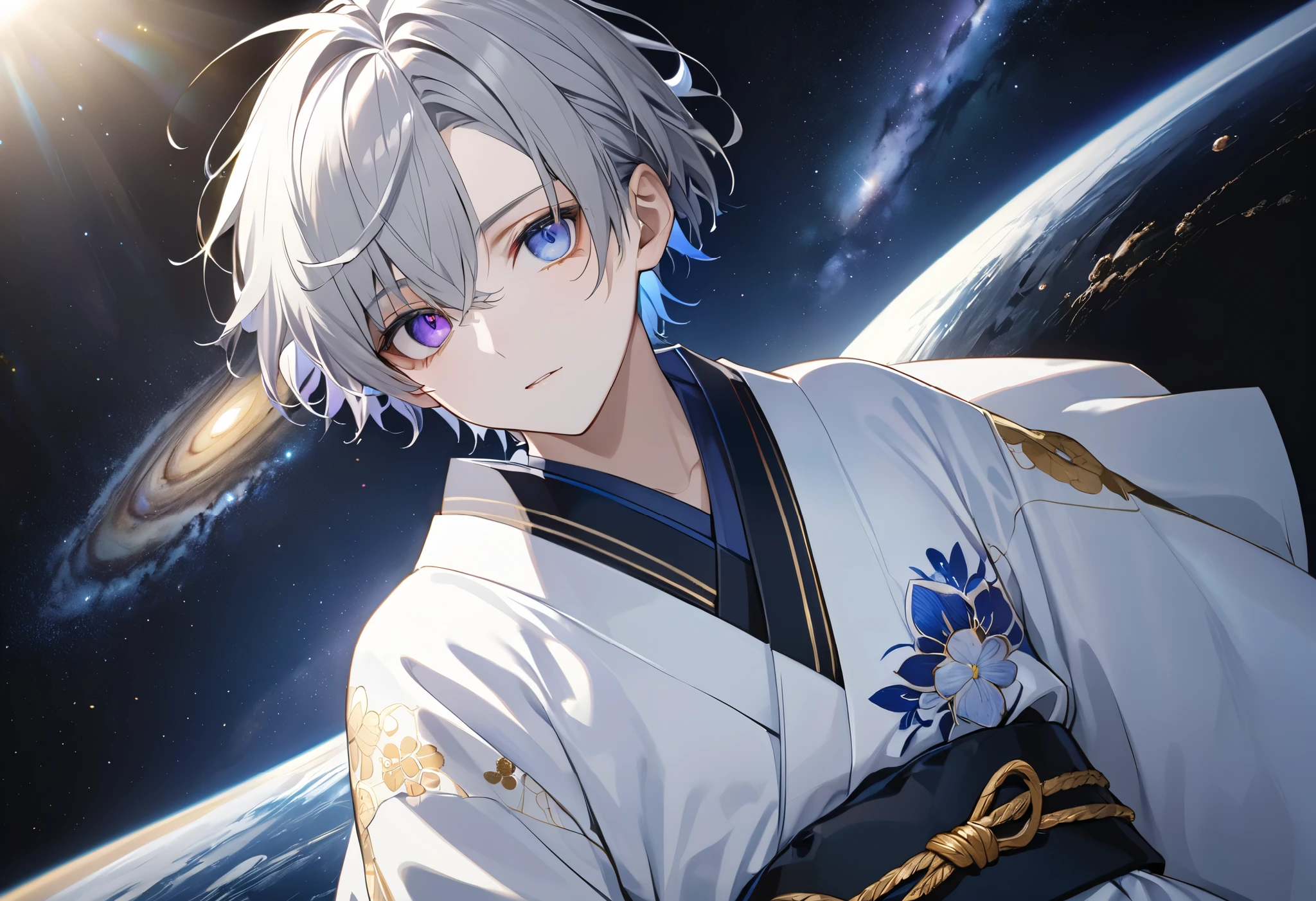  fresh illustration ,
Superfine painting,
 very delicate illustration ,
 Very fine details ,
Picture of only one boy ,
Height: 158cm,
 white skin,
The right eye is purple and the left eye is blue iris heterochromia ,
 beautiful eyes,
 large black pupils ,
 short hair with shadows,
Gray Hair,
 hair roots are bluish ,
 hair has gradation ,
 shiny hair with makeup,
 cute faces ,
pretty face
There is a small shining ring on the back of the head,
 raised eyebrows ,
 and her upper body is wearing a kimono in kimono,
Masculine physique,
 six pack,
Super small breasts,
No boobs,
The color of the belt is black ,
Overall white clothes ,
 tasteful embroidery with gold thread ,
 fine fabric clothing ,
Isometric,
Golden Ratio,
god々 like atmosphere,
 wearing blue colored padded collar innerwear ,
 outer space ,
Milky Way,
Little Star々 upper body ,
 tactical use of shadows ,
 rings of the head and hair do not stick out of the angle of view,
 standing picture ,
 Bust Shots,