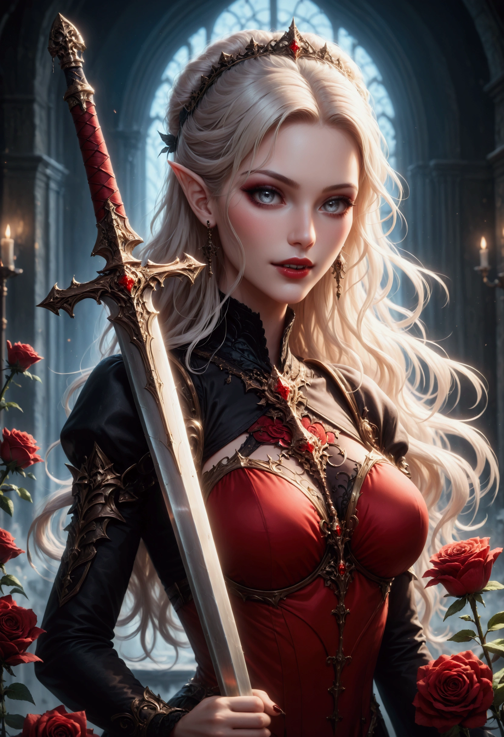 score_9, score_8_up, score_7_up, score_6_up, score_5_up, score_4_up, Dark fantasy art, fantasy art, goth art, a picture of a female vampire (masterpiece, best quality: 1.3), exquisite beauty, full body shot (masterpiece, best quality: 1.3), delicate face (masterpiece, best quality: 1.3), vampire fangs, dark glamour shot, pale white skin, blond hair, long hair, wavy hair, (glowing grey: 1.3) eyes, she wears a (red: 1.3) red tight suit, she holds a sword in hand, (masterpiece, best quality: 1.4) , the roses are imprinted on the suit (black: 1.4) black roses, high heels, dark castle, dark, Cinematic Shot, intricate details, dnd art, sword and shield