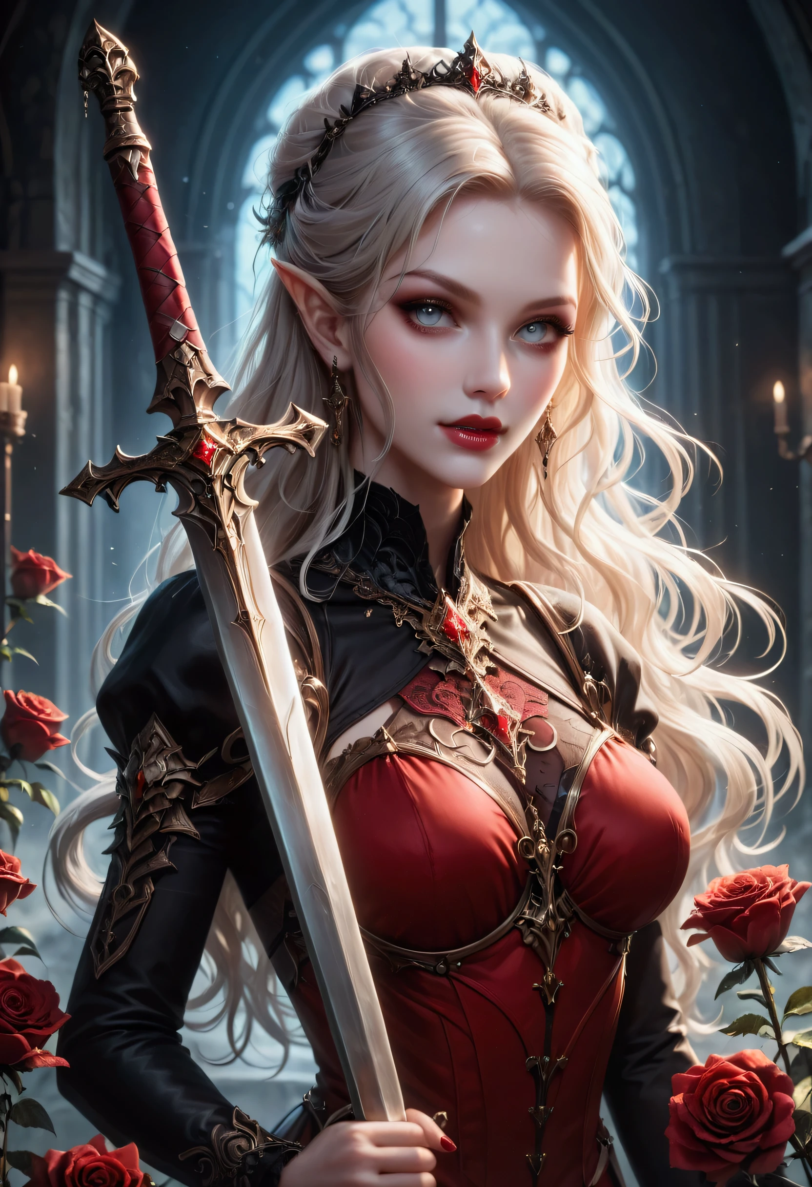 score_9, score_8_up, score_7_up, score_6_up, score_5_up, score_4_up, Dark fantasy art, fantasy art, goth art, a picture of a female vampire (masterpiece, best quality: 1.3), exquisite beauty, full body shot (masterpiece, best quality: 1.3), delicate face (masterpiece, best quality: 1.3), vampire fangs, dark glamour shot, pale white skin, blond hair, long hair, wavy hair, (glowing grey: 1.3) eyes, she wears a (red: 1.3) red tight suit, she holds a sword in hand, (masterpiece, best quality: 1.4) , the roses are imprinted on the suit (black: 1.4) black roses, high heels, dark castle, dark, Cinematic Shot, intricate details, dnd art, sword and shield