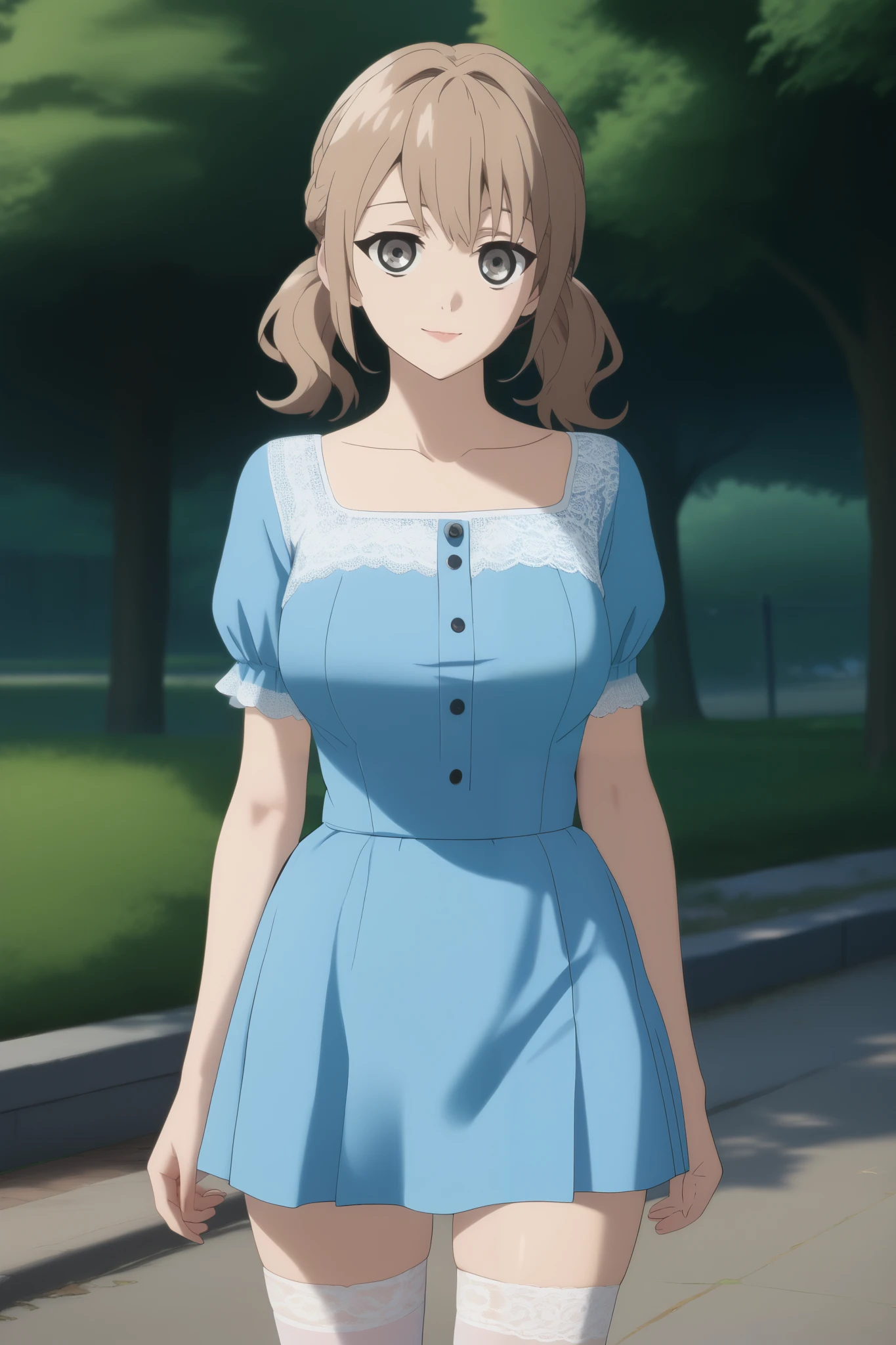 score_9, score_8_up, score_7_up, source_anime,     complex details    , (3d:0.4), ,    1 tall adult girl in her twenties  , One, female focus,   light brown hair ,    grey eyes  , большие   grey eyes  , длинные   light brown hair  заплетены в два больших высоких хвоста на голове, hair tails on head ,   light brown hair , without a smile,  slightly opened the plump lips , blue dress ,   large breasts  ,   thin waist,   slender legs  , stockings, shoes, lace, A blue summer dress  ,  full length ,  stands in the park, in the shade of a tree 