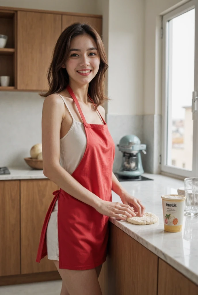 A highly detailed, realistic photograph of a young woman standing in a modern kitchen, at the counter. She is kneading dough with her hands, and on the counter there is a packet of flour and a glass of water. The woman is wearing a short skirt and a bright red kitchen apron, but no t-shirt (she has any other clothes on the top, except apron), showcasing a casual and relaxed mood. under apron visible breasts. breasts-size:0.6. Her hair is slightly messy, reflecting her focus on baking. has shoulder-length hair. hair colour brunette. She is smiling warmly, looking directly into the camera with a confident and playful expression. The lighting is soft and natural, coming from a large window on the side, creating subtle highlights on her face and arms. The kitchen has a clean, contemporary design with wooden cabinets and a marble countertop. Side view, emphasizing her activity while capturing the lively and inviting atmosphere.

