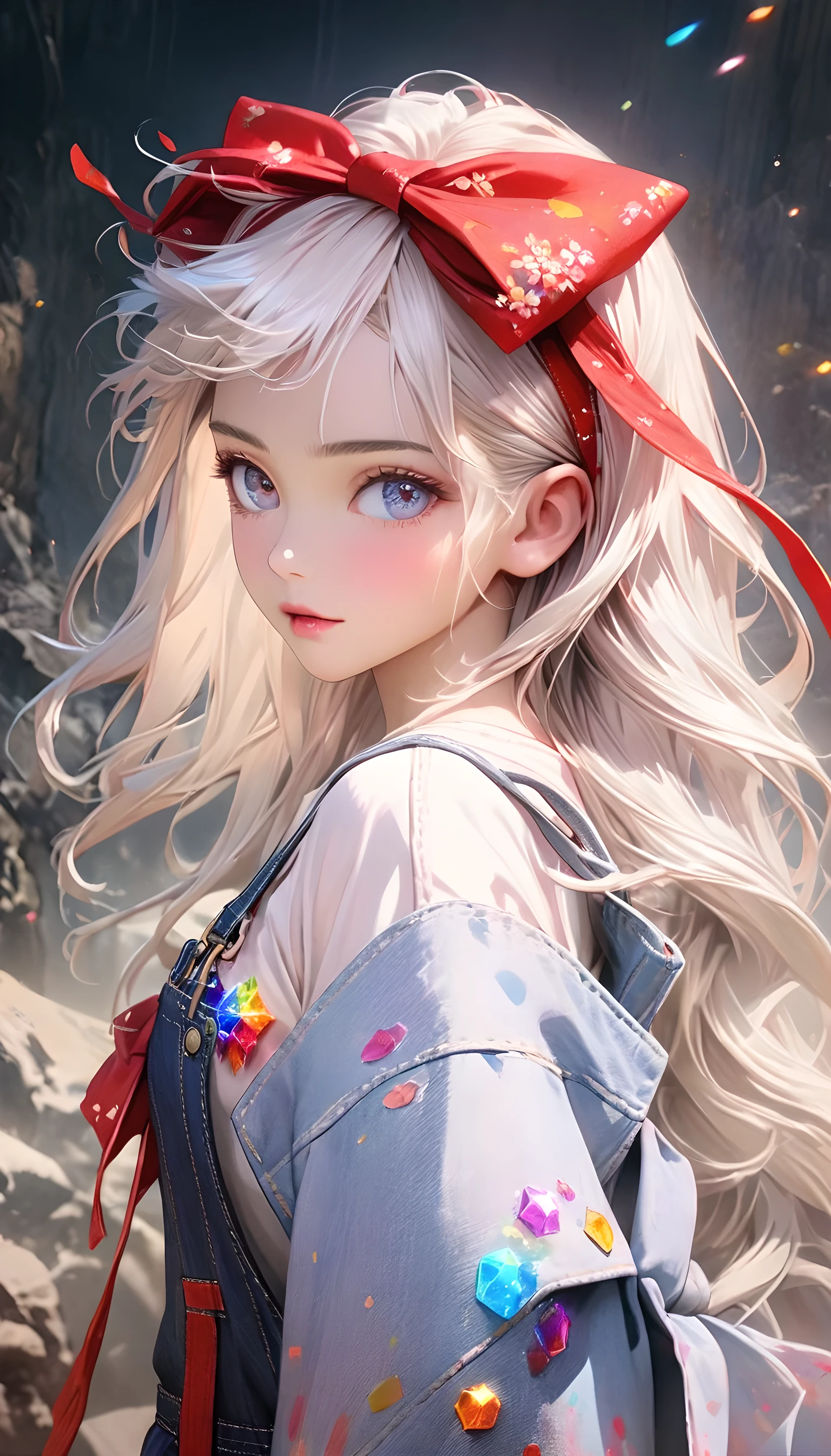 8k,gal, ,Realistic beautiful skin , long white hair ประกาย, Beautiful eyes ,model, whole body,overalls, Big Red Fabric Bow Headband,HD,8k, Cute Japanese Anime , long white hair ,White hair,Colorful gemstones