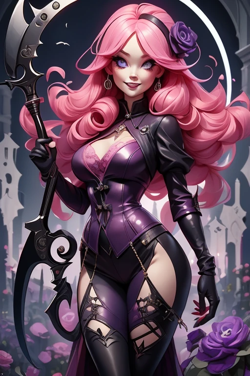 Perfect face. Perfect hands. A pink haired woman with violet eyes and an hourglass figure in a Gothic leather teddy is spinning a scythe in the cemetery with a big smile
