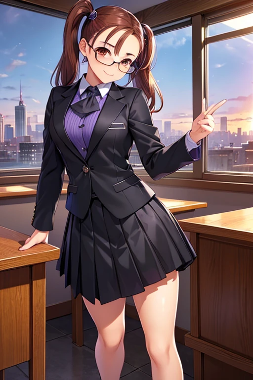 Jessica,  shiny maroon hair,  twin tails, ( beautiful brown eyes、 center split)、smile、 super detailed eyes、 Highly Detailed Faces ,  highly detailed eyes ,cowboy shot,、(Alone,  one girl)、 ,Master Piece,  top quality ,  high res, masterpiece , 



(masterpiece:1.2,  top quality ),  

(( detailed cloth texture, ( black business suit jacket ), Lavender collared shirt ,  tight skirt ,  high heels), Wayfarer Glasses), 
( beautiful scenery),  evening ,   stormed the classroom , School,  is standing, (Elegant, smile, Above the eyes), 